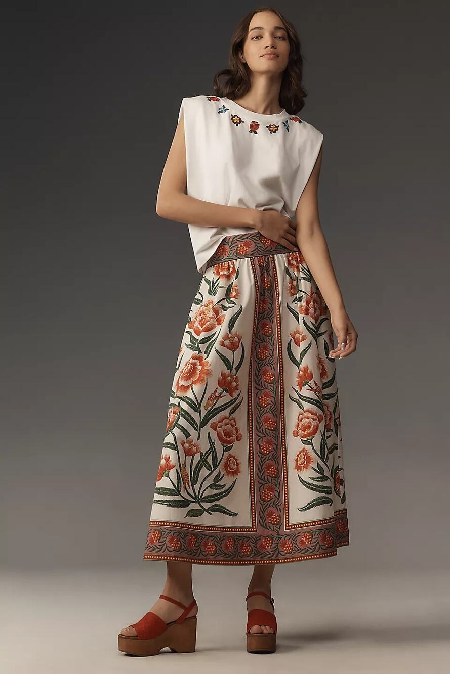 FARM RIO Ainika Delicate Floral Midi Skirt Size L NWT